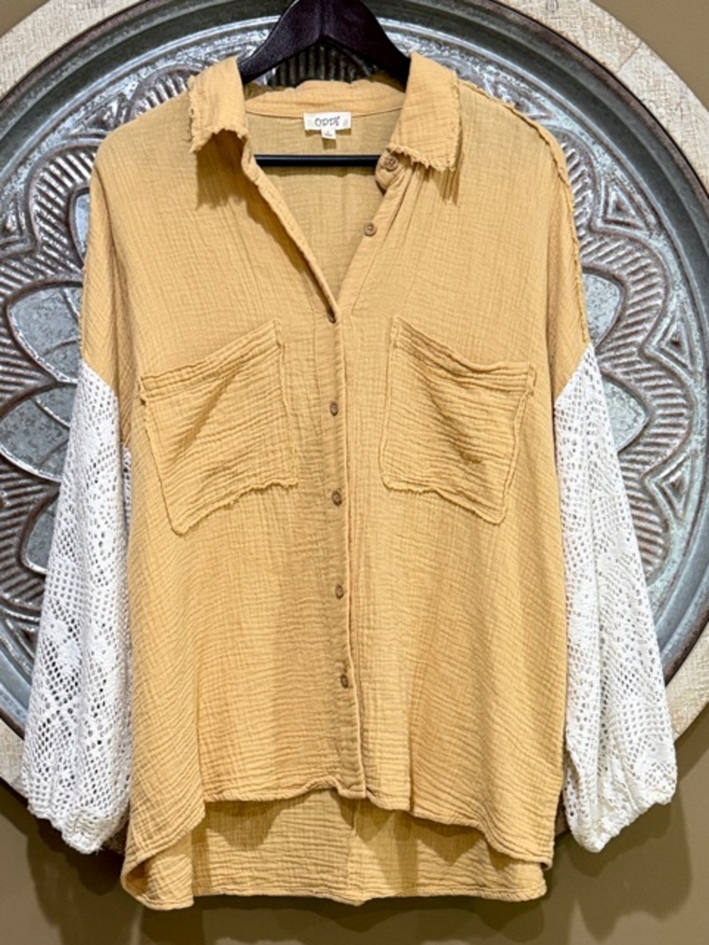 NWOT ODDY Mustard Button-Down Oversized Shirt with White Crochet Sleeves